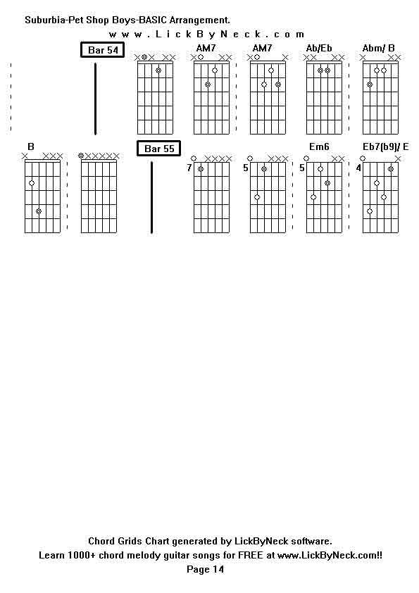 Chord Grids Chart of chord melody fingerstyle guitar song-Suburbia-Pet Shop Boys-BASIC Arrangement,generated by LickByNeck software.